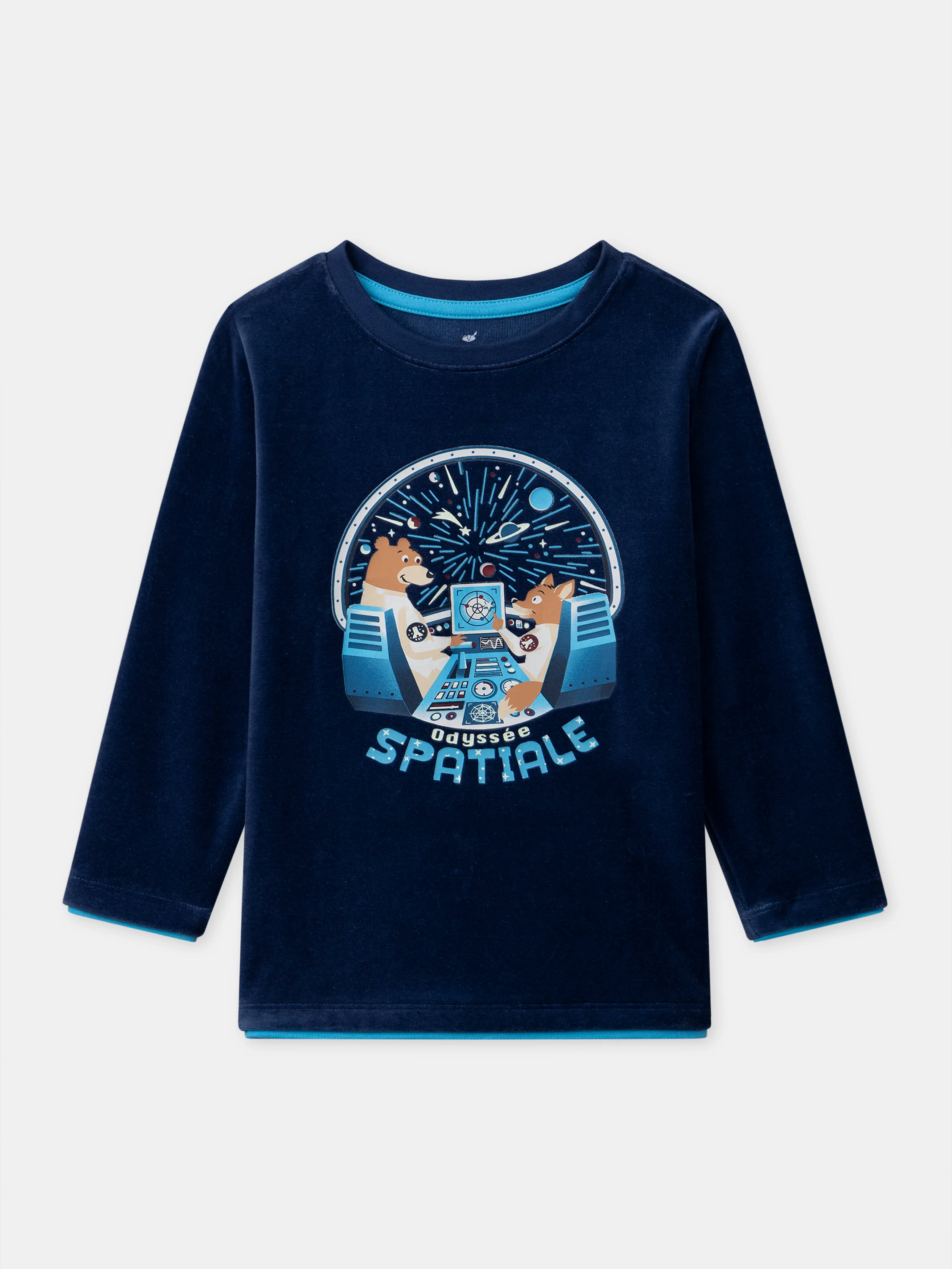 Pigiama blu scuro in velours con stampa di orso per ragazzi - Image 4