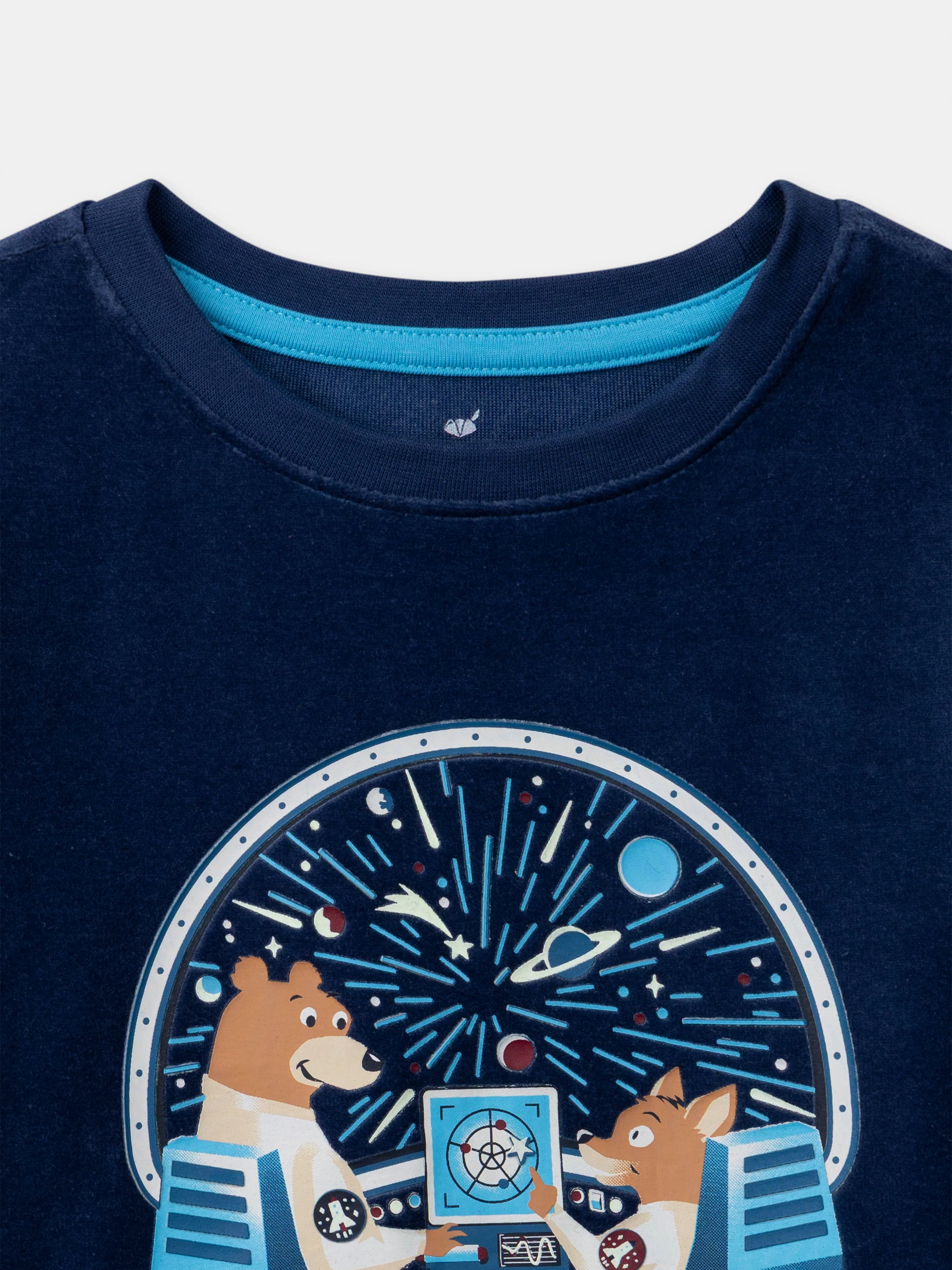 Pigiama blu scuro in velours con stampa di orso per ragazzi - Image 5