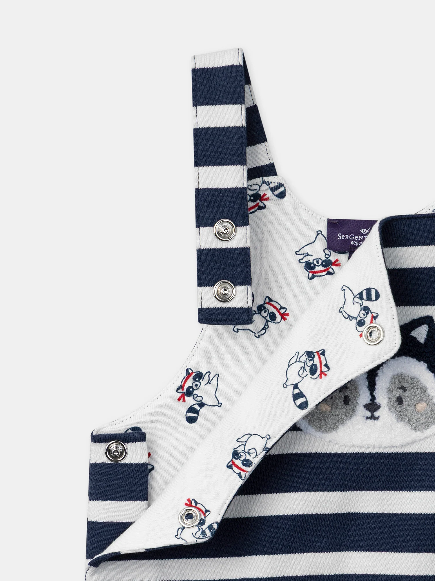 Salopette a righe blu navy con patch di procione per bambino - Image 3