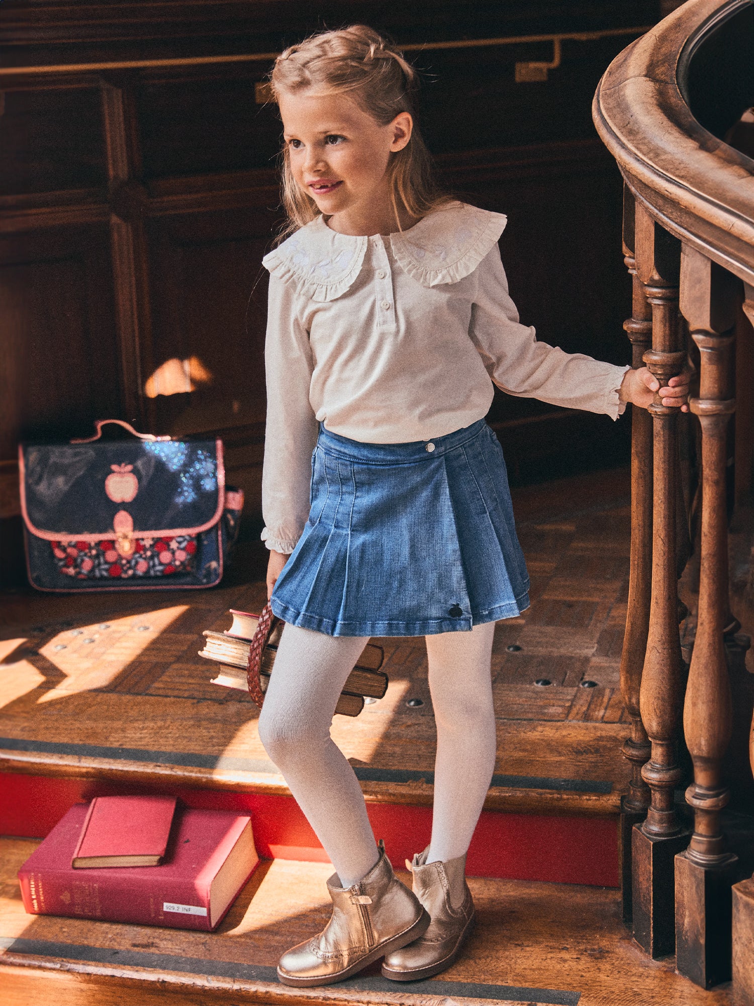 Short in jeans blu pieghettato per ragazze - Image 4