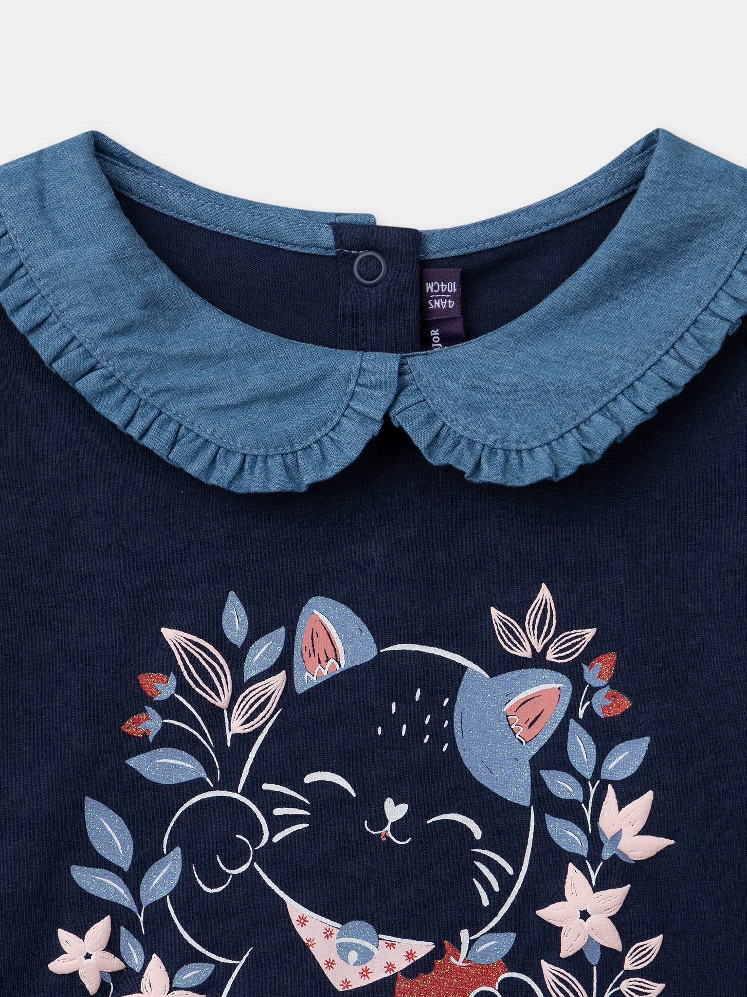 T-shirt blu marino con stampa di gatto per ragazze - Image 3